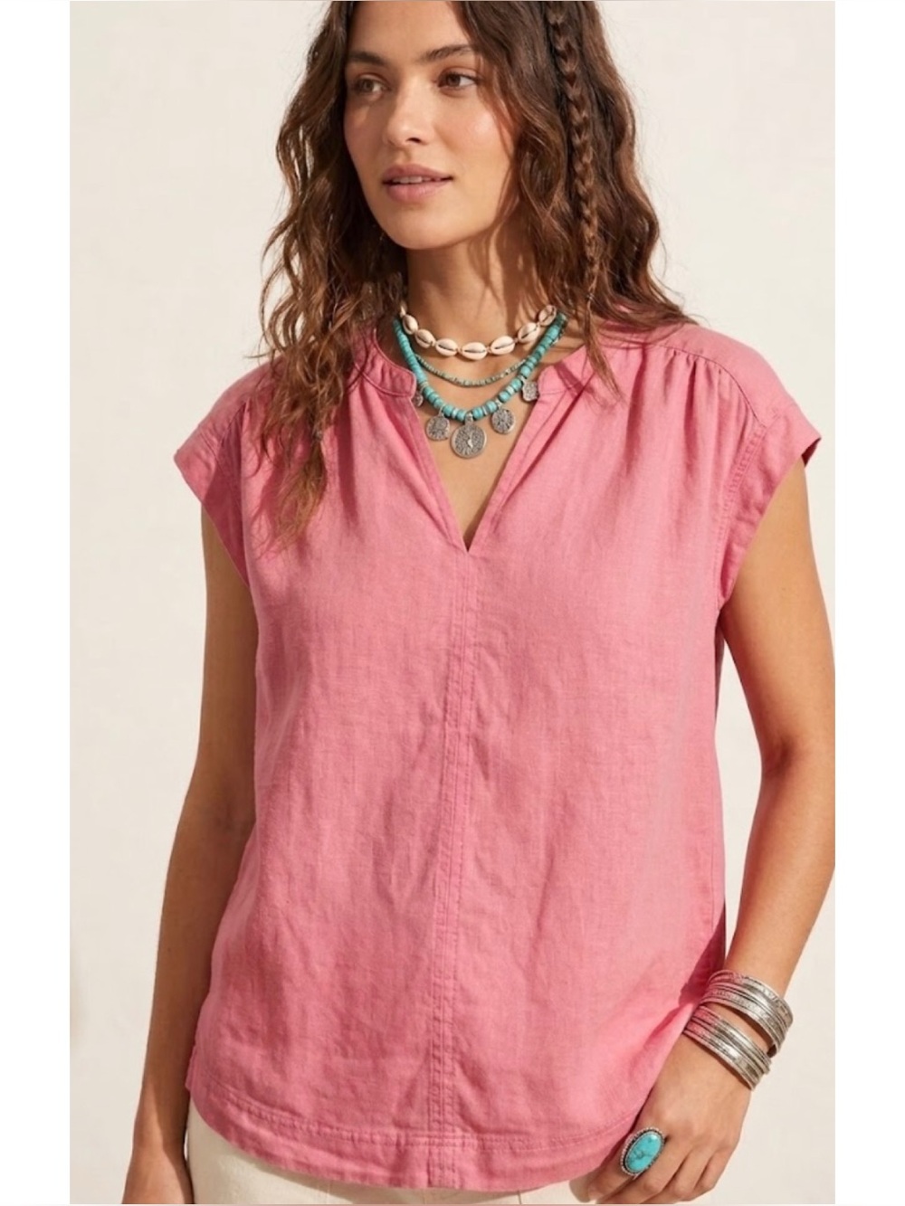 Splendid Linen Blend V-Neck Hi-Low Cal Sleeve Top Beachy Boho